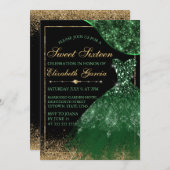 Dunkelgrünes Aquarellkleid & Wellenrahmen Süß 16 Einladung (Vorne/Hinten)