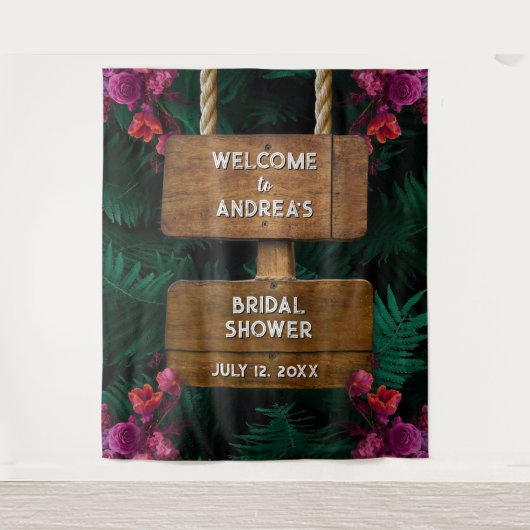 Dunkelgrünes botanisches und rosafarbenes Brautpar Wandteppich (Vorderseite)