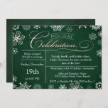 Dunkelgrünes Chalkboard Weihnachts-Party Einladung<br><div class="desc">Schöne dunkelgrüne Chalkboard Background Weihnachtsfeier mit "Holiday Celebration" erscheint oben in White & Pale Rose Gold,  weiße Schneeflocken,  graue Schneeflocken und creme Schneeflocken. Passen Sie sich mit Ihrem persönlichen Gruß,  Familiennamen und individuellen Namen an.</div>