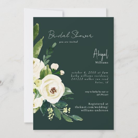 Dunkelgrünes Elegantes Weißes Brautparty Einladung (Vorderseite)