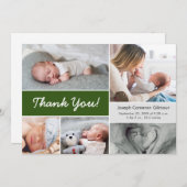 Dunkelgrünes Foto Collage Baby Boy Birth Dankeskarte (Vorne/Hinten)