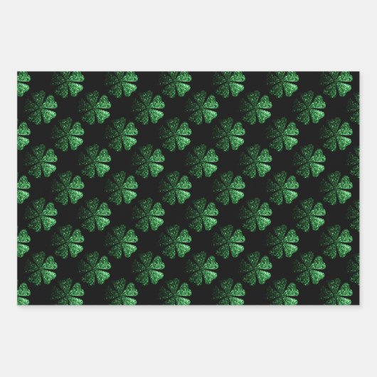 Dunkelgrünes funkelnd Kleeblatt auf schwarz Geschenkpapier Set (Vorderseite 2)