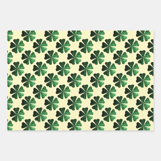 Dunkelgrünes funkelnd Kleeblatt hellgelb Geschenkpapier Set (Vorderseite)
