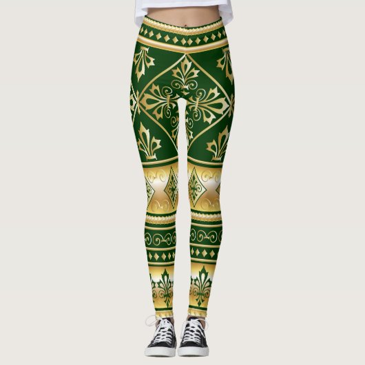 Dunkelgrünes goldenes, weißes keltisches Design Leggings (Vorderseite)