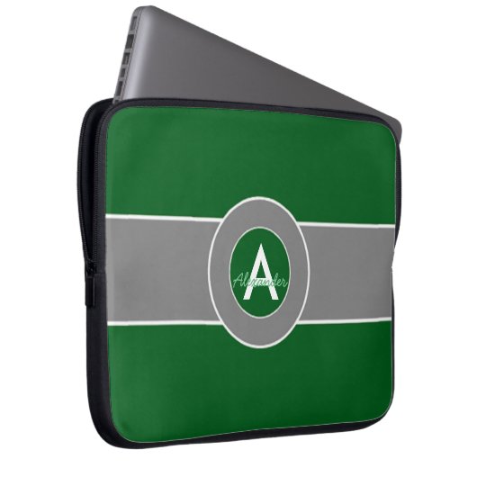 Dunkelgrünes graues Monogramm personalisiert Laptopschutzhülle (Vorne Rechts)