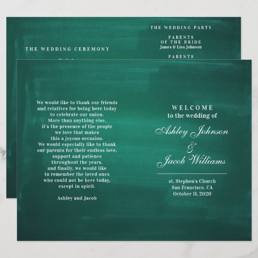 Dunkelgrünes Hochzeitsprogramm. Modernes elegantes (Vorne/Hinten)