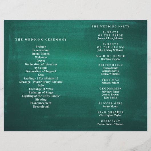 Dunkelgrünes Hochzeitsprogramm. Modernes elegantes (Rückseite)