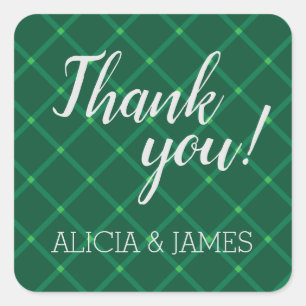 Dunkelgrünes kariertes Paar vielen Dank Quadratischer Aufkleber