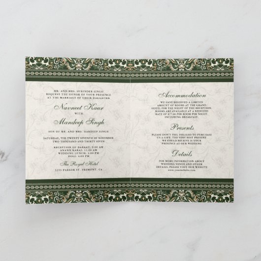 Dunkelgrünes Kreuzstich in einer Sikh-Hochzeit Einladung (Innenseite)