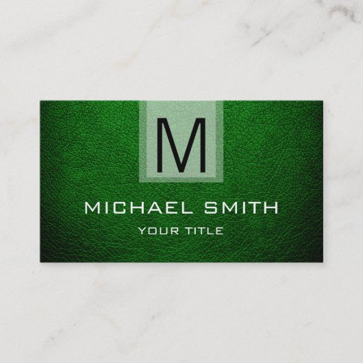 Dunkelgrünes Leder Texturiert Monogramm Visitenkarte (Vorderseite)