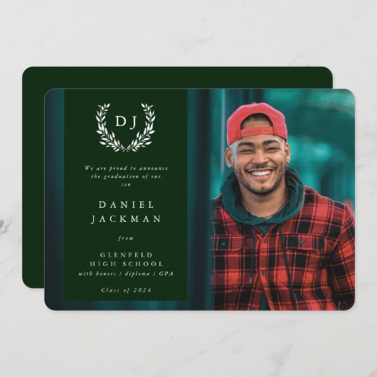 Dunkelgrünes Monogram Laurel Wreath Abschluss Foto Ankündigung (Vorne/Hinten)