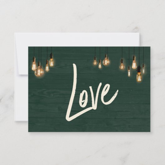 Dunkelgrünes, rustikales Holz und Edison Lights RSVP Karte (Rückseite)