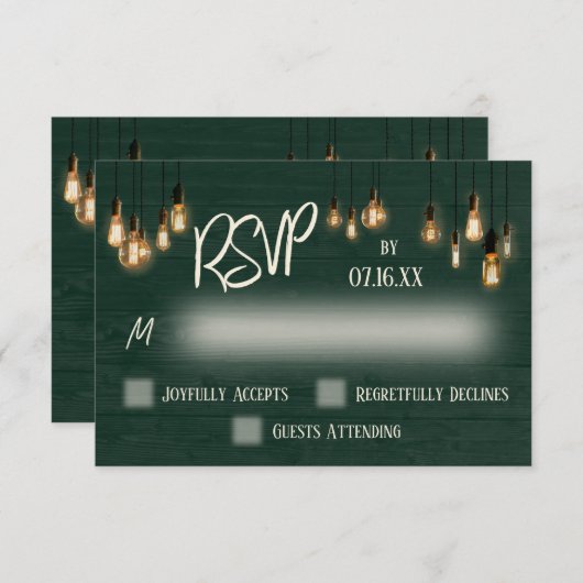 Dunkelgrünes, rustikales Holz und Edison Lights RSVP Karte (Vorne/Hinten)