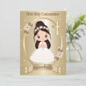 Dunkelhaarige Girl First Heilige Kommunion Einladu Einladung (Stehend Vorderseite)