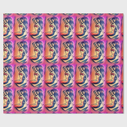 dunkelhaarige Meerjungfrauen rosa Geschenkpapier (Flach)