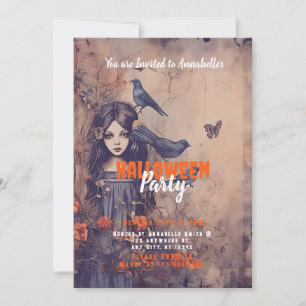 Dunkelhaariges Mädchen und Vögel Gruselige Hallowe Einladung