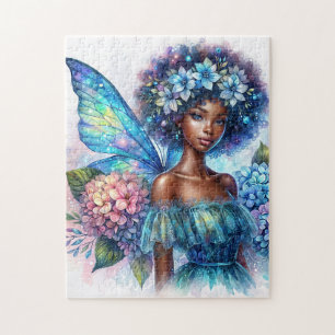 Dunkelhäutige Fee mit Afro und Hortensien-Puzzle Puzzle