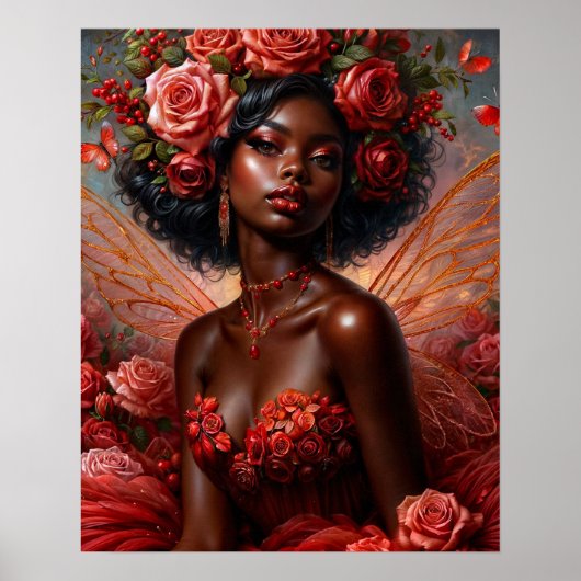Dunkelhäutige Fee mit roten Rosen Poster (Vorne)