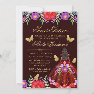 Dunkelhäutige Frau in mexikanischem Blumenkleid Sw Einladung