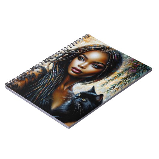 dunkelhäutige Frau mit schwarzer Katze Notizblock (Linke Seite)