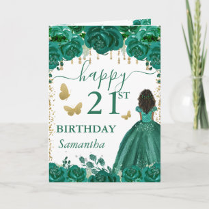 Dunkelhäutige Prinzessin grünes Kleid Geburtstag Karte