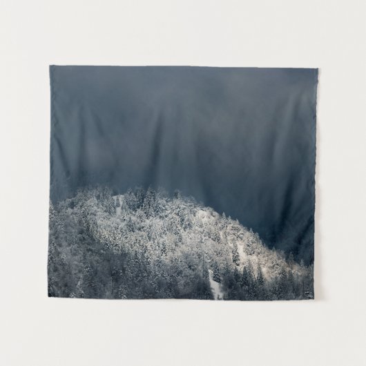 Dunkelheit und Sonne über schneebedeckten Fichtenw Wandteppich (Vorderseite (Horizontal))