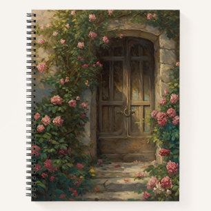 DUNKELHOLZTÜR MIT PINKEN BLUME NOTIZBLOCK