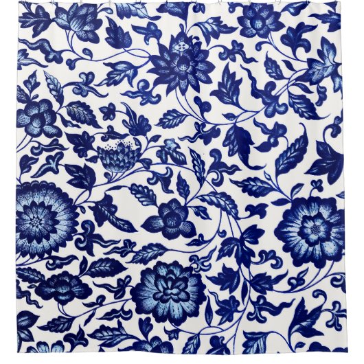 Dunkelmarineblau-Blumenmuster auf Weiß Duschvorhang (Vorderseite)