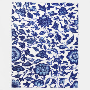Dunkelmarineblau-Blumenmuster auf Weiß Fleecedecke