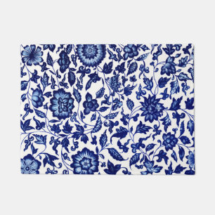 Dunkelmarineblau-Blumenmuster auf Weiß Fußmatte