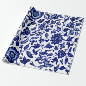 Dunkelmarineblau-Blumenmuster auf Weiß Geschenkpapier (Ungerollt)