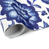Dunkelmarineblau-Blumenmuster auf Weiß Geschenkpapier (Rolleneckpunkt)