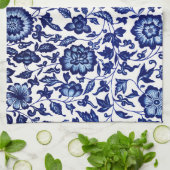 Dunkelmarineblau-Blumenmuster auf Weiß Geschirrtuch (Gefaltet)