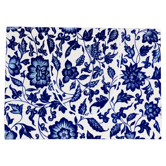 Dunkelmarineblau-Blumenmuster auf Weiß Große Geschenktüte (Rückseite)