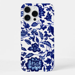 Dunkelmarineblau-Blumenmuster auf Weiß iPhone 16 Pro Max Hülle