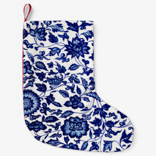 Dunkelmarineblau-Blumenmuster auf Weiß Kleiner Weihnachtsstrumpf