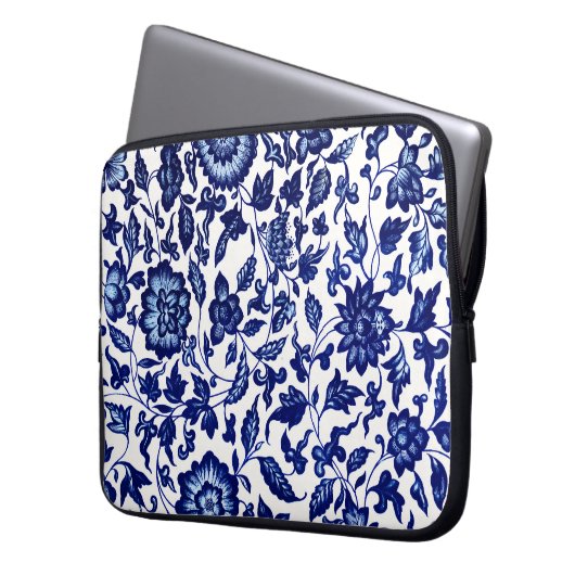 Dunkelmarineblau-Blumenmuster auf Weiß Laptopschutzhülle (Vorderseite Links)