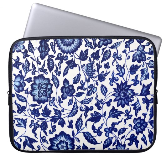 Dunkelmarineblau-Blumenmuster auf Weiß Laptopschutzhülle (Vorderseite)