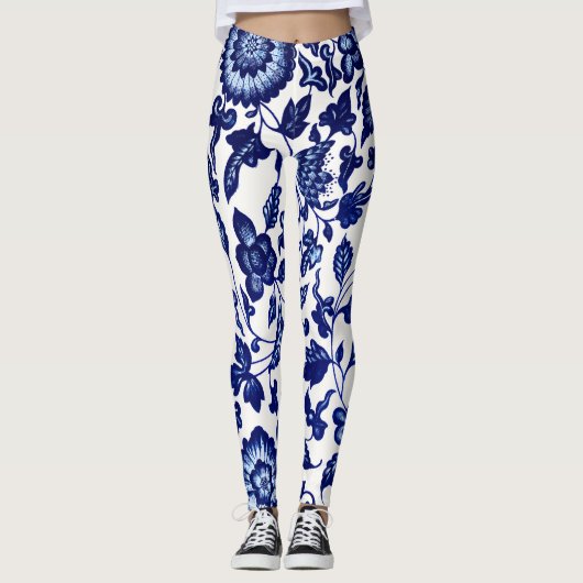 Dunkelmarineblau-Blumenmuster auf Weiß Leggings (Vorderseite)