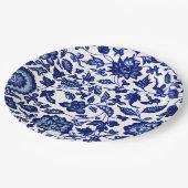 Dunkelmarineblau-Blumenmuster auf Weiß Pappteller (Schrägansicht)