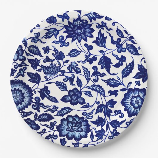 Dunkelmarineblau-Blumenmuster auf Weiß Pappteller (Vorderseite)