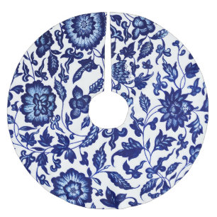 Dunkelmarineblau-Blumenmuster auf Weiß Polyester Weihnachtsbaumdecke