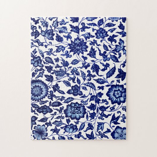 Dunkelmarineblau-Blumenmuster auf Weiß Puzzle (Vertikal)