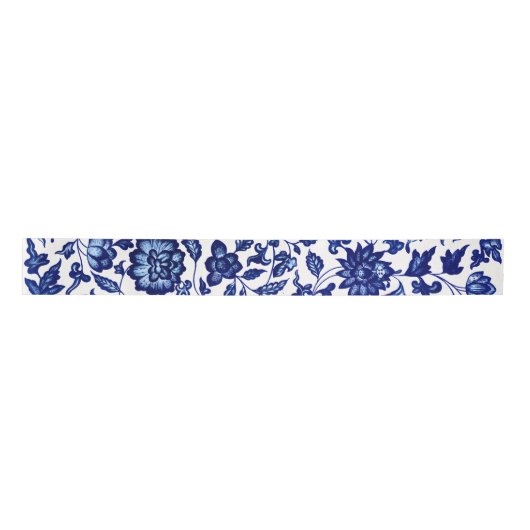 Dunkelmarineblau-Blumenmuster auf Weiß Satinband (Vorderseite)
