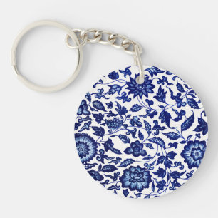 Dunkelmarineblau-Blumenmuster auf Weiß Schlüsselanhänger