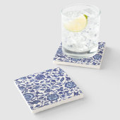 Dunkelmarineblau-Blumenmuster auf Weiß Steinuntersetzer (Seitenansicht)