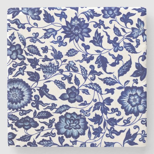 Dunkelmarineblau-Blumenmuster auf Weiß Steinuntersetzer (Vorderseite)