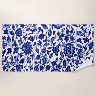 Dunkelmarineblau-Blumenmuster auf Weiß Strandtuch