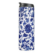 Dunkelmarineblau-Blumenmuster auf Weiß Thermosbecher (Nach rechts gedreht)
