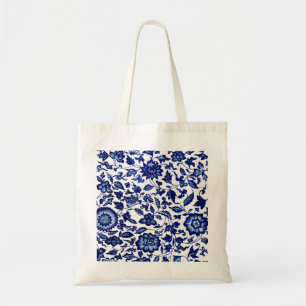 Dunkelmarineblau-Blumenmuster auf Weiß Tragetasche